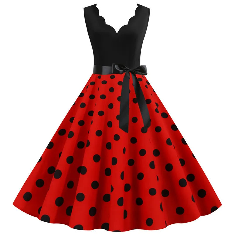 50s 60s Rockabilly Sleeveless V-neck Polka Dot Bow Pinup