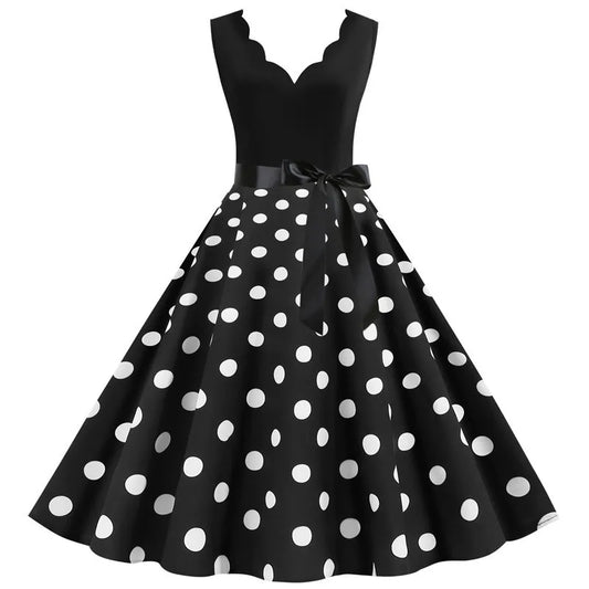 50s 60s Rockabilly Sleeveless V-neck Polka Dot Bow Pinup