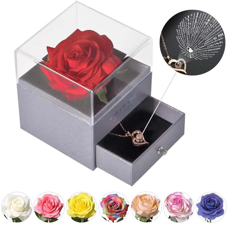 Unfade Flower Eternal Rose Jewelry Box 100 Languages I Love You Necklace