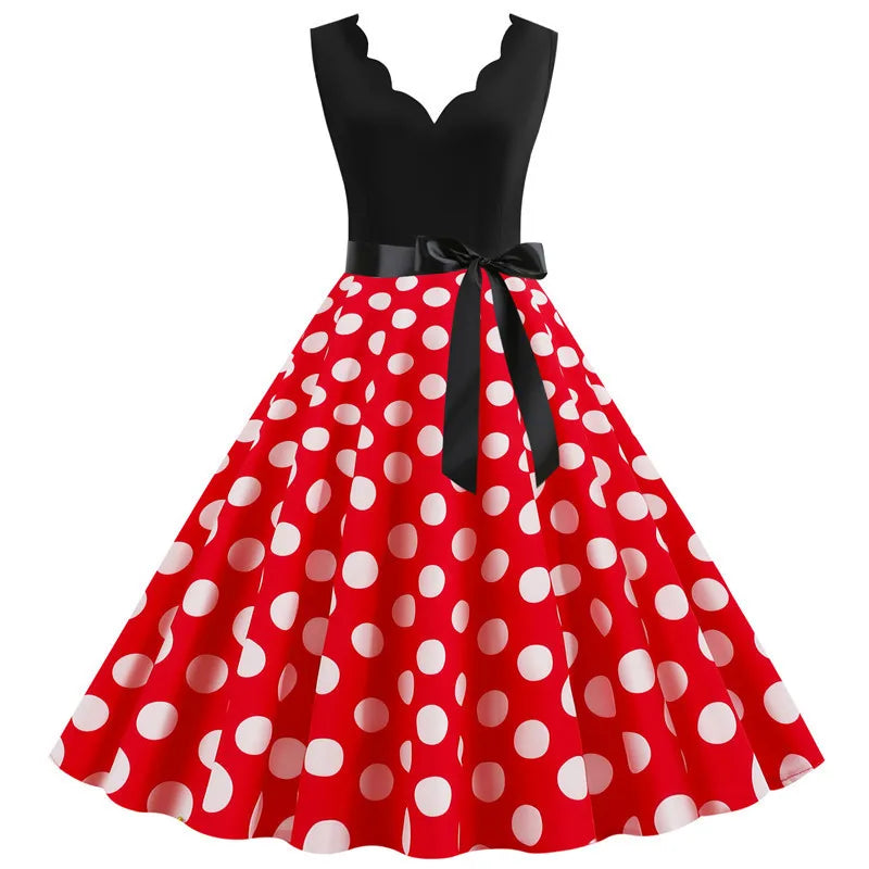 50s 60s Rockabilly Sleeveless V-neck Polka Dot Bow Pinup