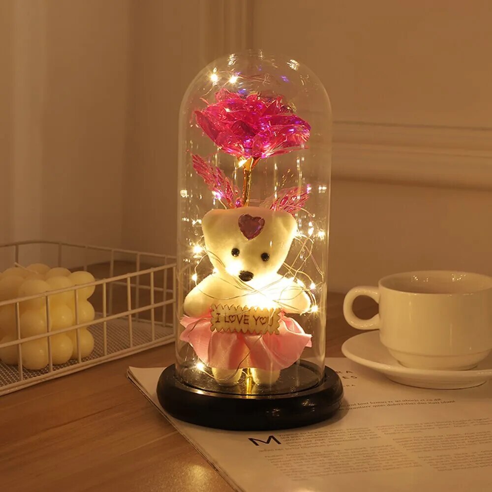 Beauty and Beast Rose Flower with Teddy Rose Bear In Glass Dome