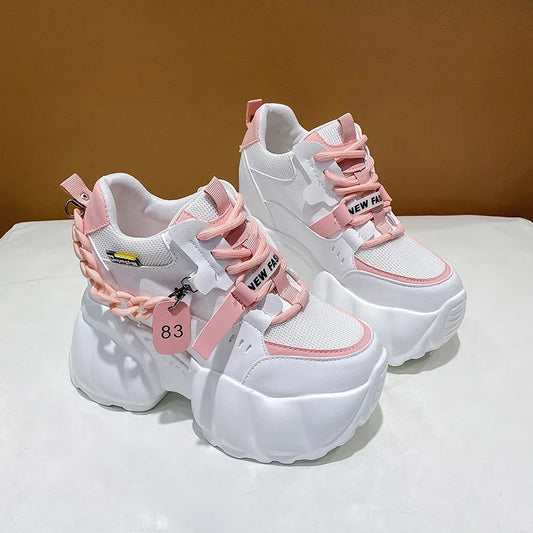 Women Chain Chunky Sneakers White Black Fashion 10CM Thick Sole Casual Ladies Vulcanized Shoes Sport High Platform Sneaker Woman