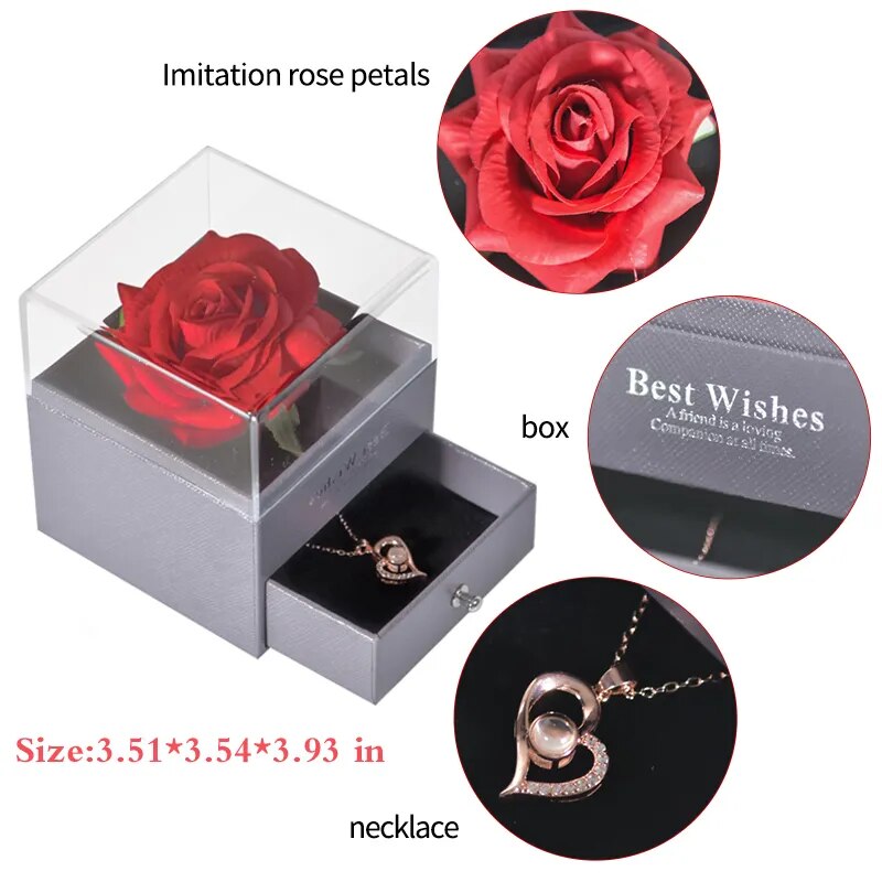 Unfade Flower Eternal Rose Jewelry Box 100 Languages I Love You Necklace