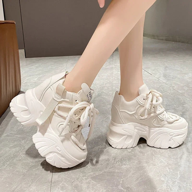 Women Walking Sneakers Autumn Lace-up High Platform Chunky Shoes