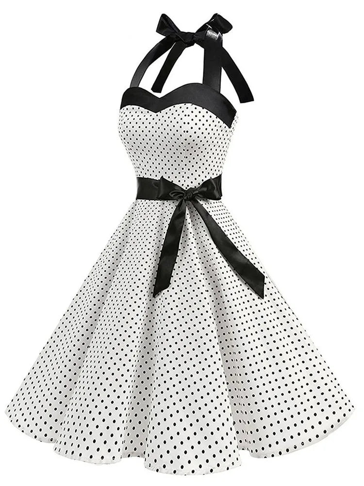 Women Polka Dot Print Rockabilly Pin Up Dress