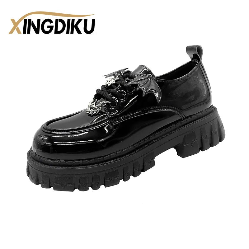 Punk Wind Fashion Single Shoes Autumn New Devil Bat Wings Gothic Women's Shoes Thick Bottom Waterproof Platform Metal Chain