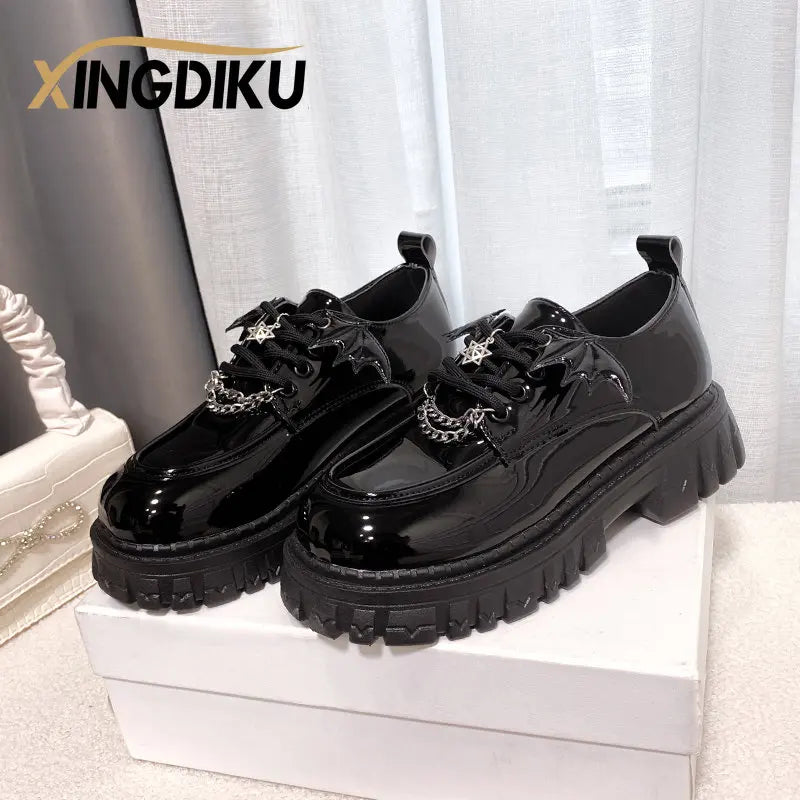 Punk Wind Fashion Single Shoes Autumn New Devil Bat Wings Gothic Women's Shoes Thick Bottom Waterproof Platform Metal Chain