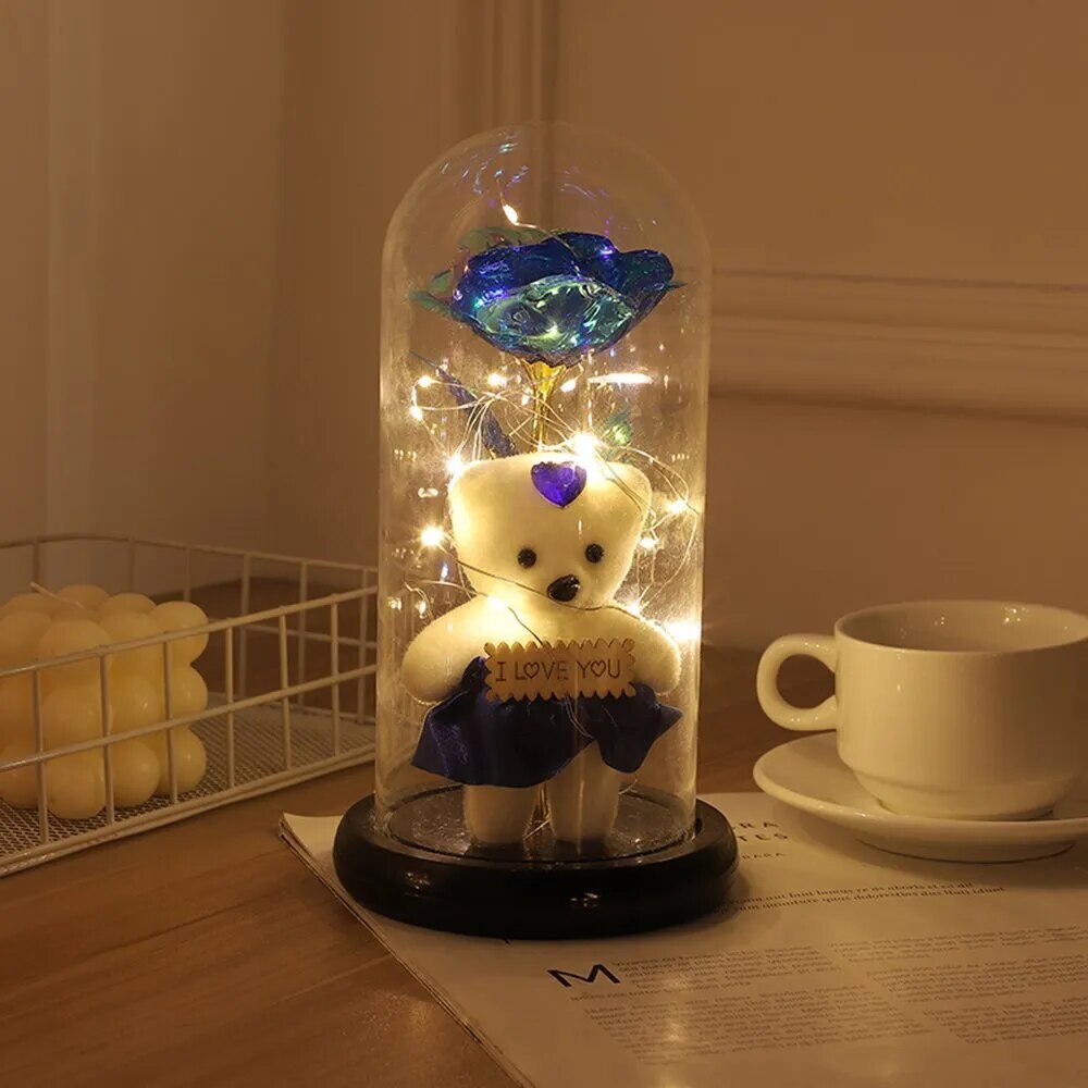 Beauty and Beast Rose Flower with Teddy Rose Bear In Glass Dome