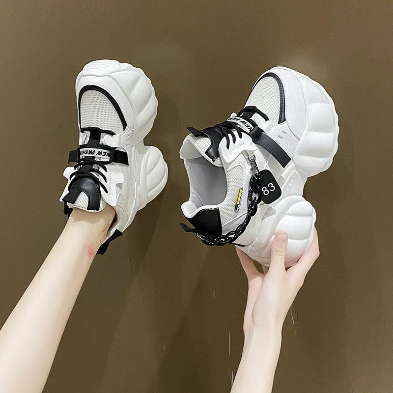 Women Chain Chunky Sneakers White Black Fashion 10CM Thick Sole Casual Ladies Vulcanized Shoes Sport High Platform Sneaker Woman