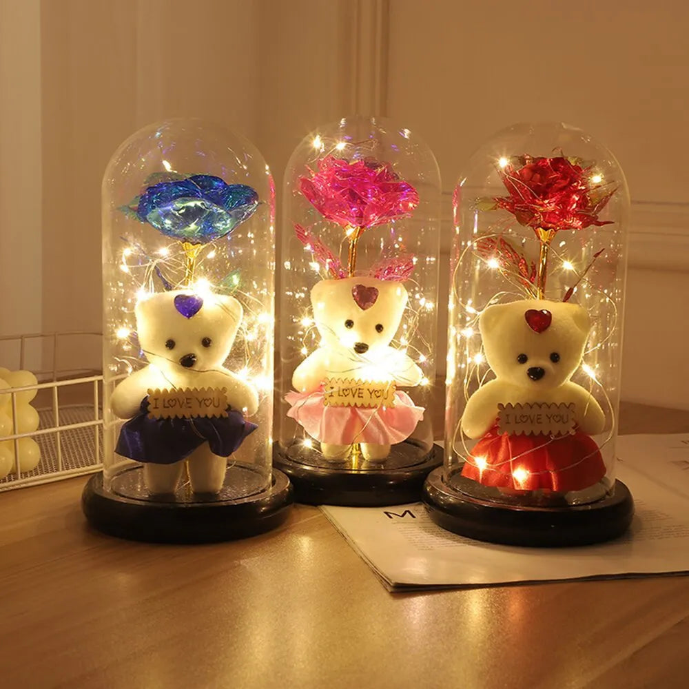 Beauty and Beast Rose Flower with Teddy Rose Bear In Glass Dome