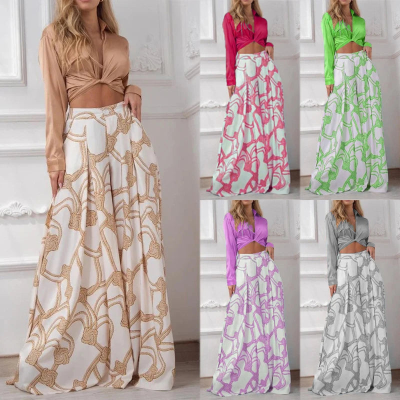 Women's new printed casual lace-up shirt high waist wide leg pants two-piece set