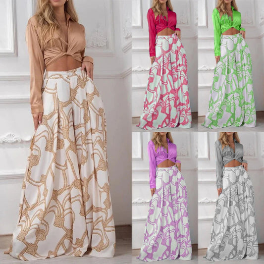 Women's new printed casual lace-up shirt high waist wide leg pants two-piece set