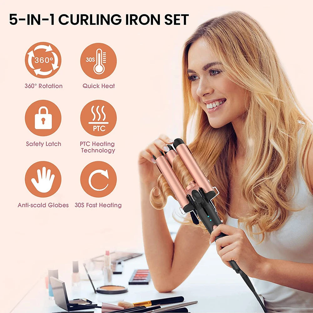 5 in 1 Hair Waver Curling Iron,3 Barrel Hair Crimper with Fast Heating Up, 0.4-1.25 Inch Crimper Wand Curler for All Hair Types