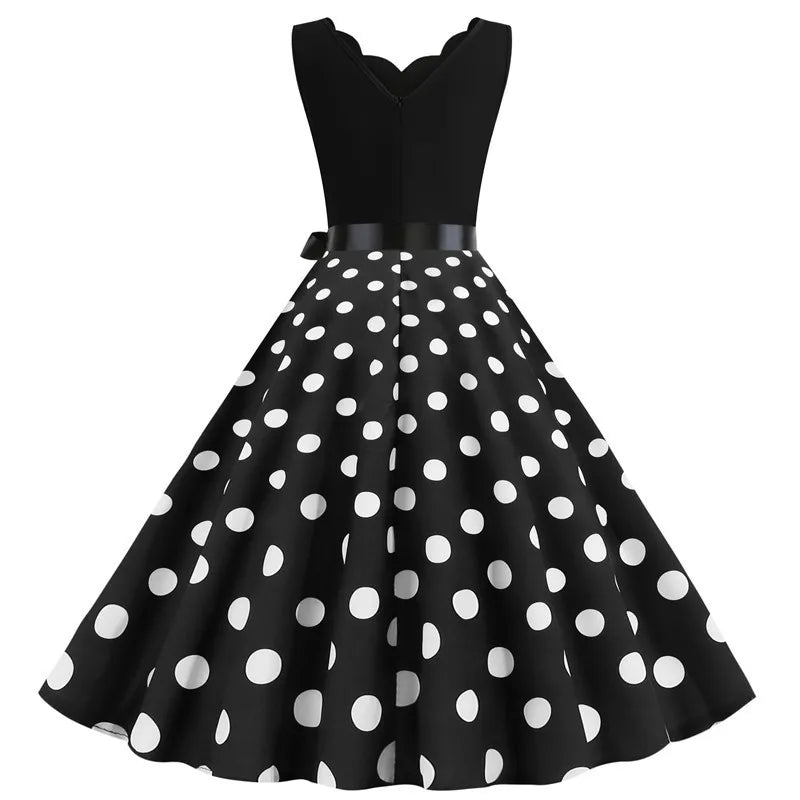 50s 60s Rockabilly Sleeveless V-neck Polka Dot Bow Pinup